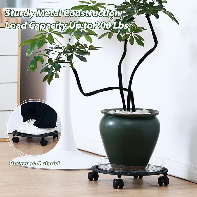2 Packs Rolling Plant Stand with Wheels Metal Plant Caddy with Wheels Heavy Duty 13'' Round Plant Stand Indoor Iron Plants Rollers for Plants, Plant Dolly Plant Mover