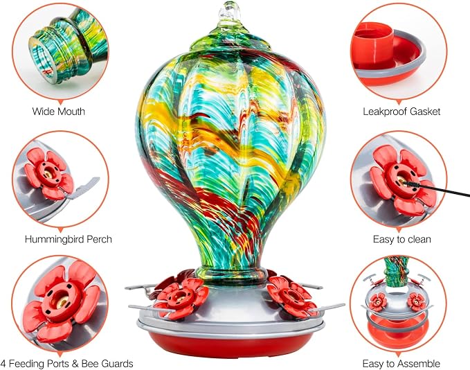 Muse Garden Hummingbird Feeders Blown Glass Hummingbird Feeder, Garden Backyard Decor for Outside, 32OZ, Rainbow Spirit | Muse Garden Hummingbird Feeders Blown Glass Hummingbird Feeder, Garden Backyard Decor for Outside, 32OZ, Rainbow Spirit