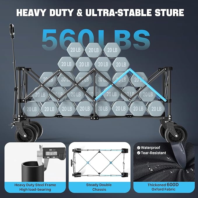 Homebetta 48" XL Collapsible Wagon Cart, 400L Heavy Duty Folding Wagon with All-Terrain Wheels and Sled Board, 560 lbs Capacity Utility Wagon for Camping, Garden, Sports, Beach and Shopping
