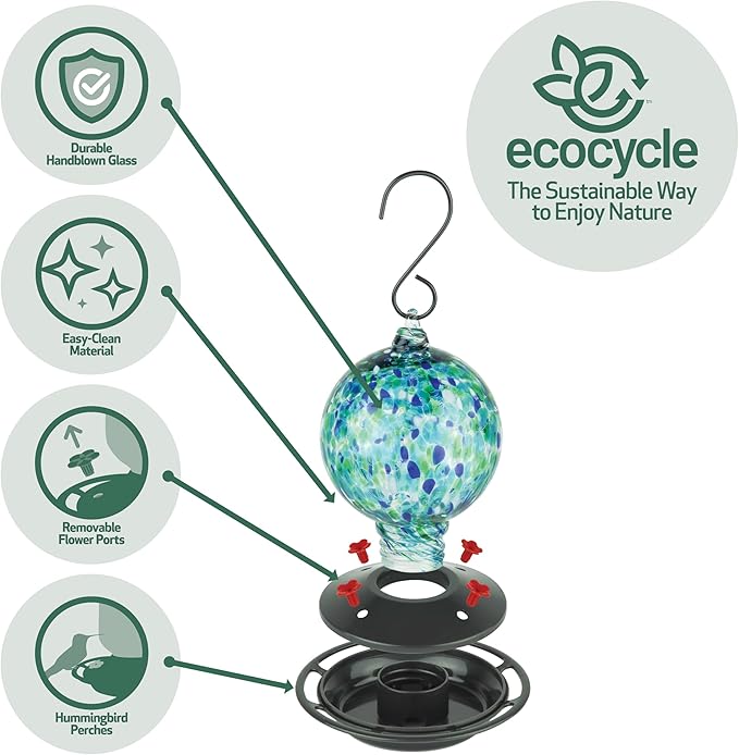 Garden Globe Handblown Recycled Glass Hummingbird Feeder for Outdoor Décor, 19 Ounce Capacity Nectar Feeder, 4 Removable Easy Clean Ports, Blue