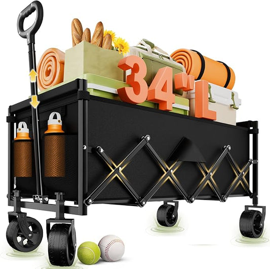 Extra Long Collapsible Wagon Cart, 360LBS Heavy Duty Utility Wagons with All-Terrain Wheels, Foldable Grocery Carts for Gardening, Shopping, Beach, Camping, Black