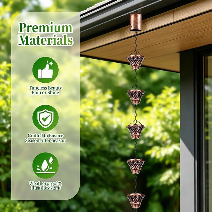 Rain Chains for Gutters Outside 8.5FT Copper Rain Catcher Chain with Adapter 12 Cups Decorative Replacement for Downspout