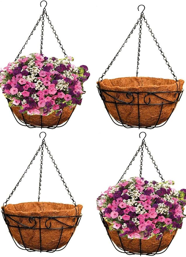 Ashman 14 Inch Metal Hanging Planter Basket with Coco Coir Liner Round Wire Plant Holder Chain Porch Decor Flower Pots Hanger Garden Decoration Indoor Outdoor Watering Hanging Baskets (4)