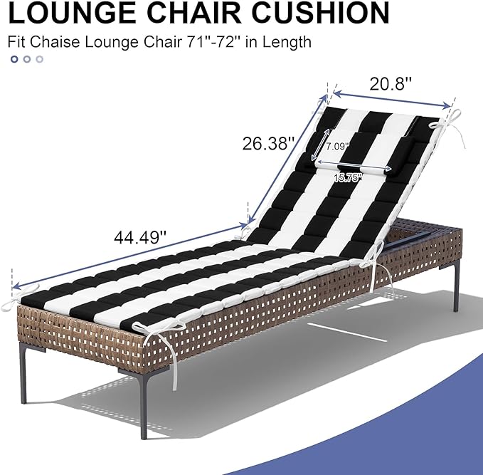 Crestlive Products Chaise Lounge Cushion Outdoor Set of 2, Foldable Waterproof Pool Lounge Chair Cushions with Straps, Lounger Cushions for Outdoor Furnitur, 71''Lx21''W (Black Stripe)