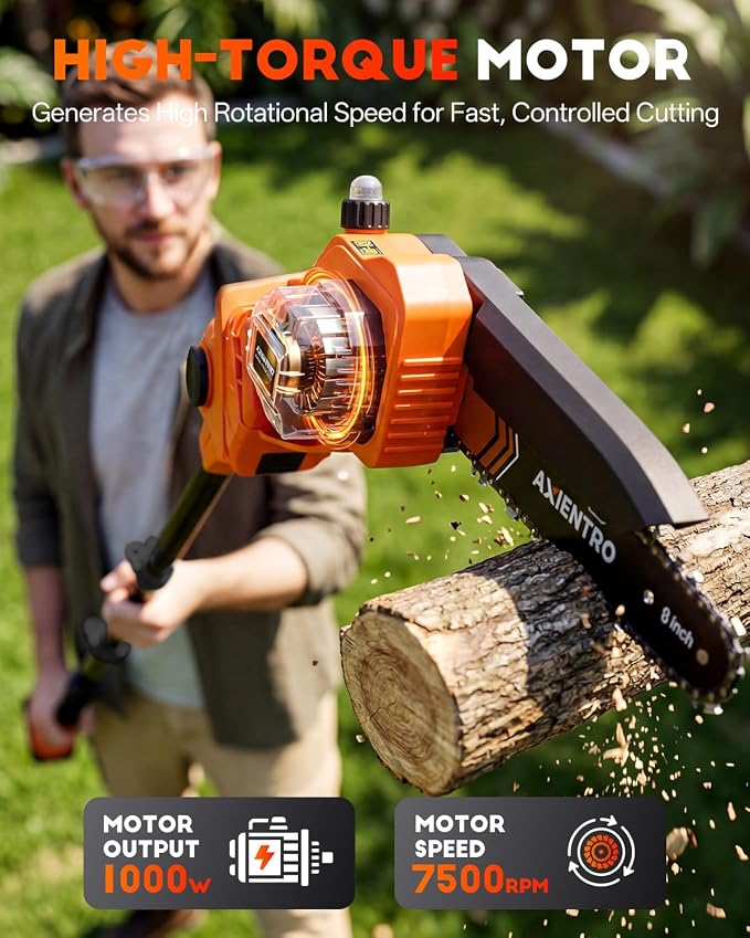 Electric Pole Saws for Tree Trimming, 2-in-1 Bruless Motor Mini Chainsaw & Pole Saw, 8-in Electric Chainsaw Cordless with Extendsion Pole, 2x4000mAh Li Batteries & Charger, 16FT Max Reach
