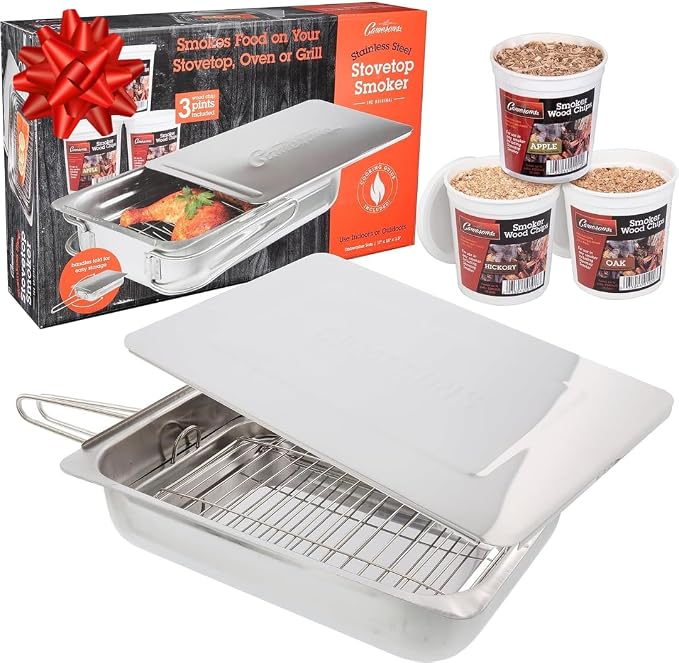 Camerons Original Stovetop Smoker - Smoker Box Gift Set w/Oak, Apple, Hickory Wood Chips & Recipes- Indoor Outdoor Use on Any Heat for Smoking Meats, Veggies & Seafood - Grilling Gift for Father's Day