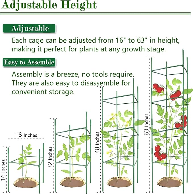 3Pack 18.5" Width Up to 63" Height Adjustable Square Tomato Cages for Garden, Plant Support Stakes for Climbing Vegetable, Tomatoe, Flower, with Twist Ties Snap-On Stake Arms