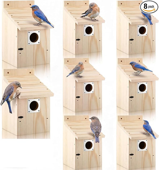 Dreyoo 8 Pack Bluebird Houses for Outside with Metal Predator Guard, 1-1/2" Entrance Hole Wooden Blue Bird Houses for Outdoors, Bluebird Nesting Box with Screwdriver(Wood Color)