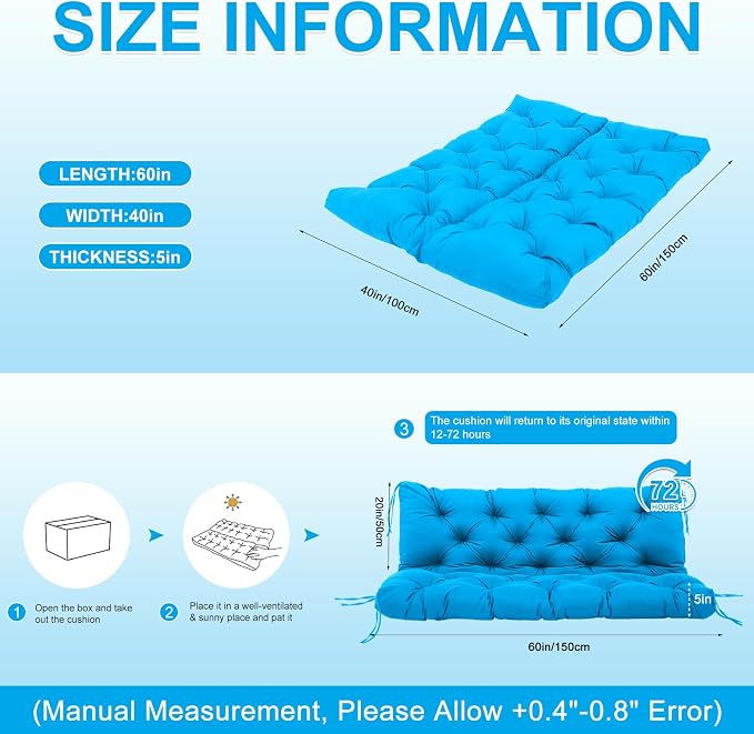 Porch Swing Cushions 60 inch Waterproof & Fade Resistant Thicken 5" Outdoor Swing Cushions 3 Seater Replacement with Backrest & Ties Patio Swing Cushions for Outdoor Furniture (Lake Blue)