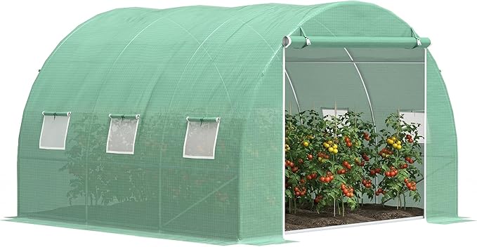 Outsunny 10' x 10' x 6.5' Walk-in Tunnel Hoop Greenhouse, Green House for Outside with PE Cover, Steel Frame, Roll-Up Zipper Door & Windows for Flowers, Vegetables, Tropical Plants, Green