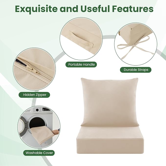 Patio Cushions for Outdoor Furniture, 24x24 Outdoor Couch Cushions, Waterproof & Fade-Resistant Patio Chair Cushions with Removable Cover, Replacement Outdoor Deep Seat Cushion, Beige (Set of 2)
