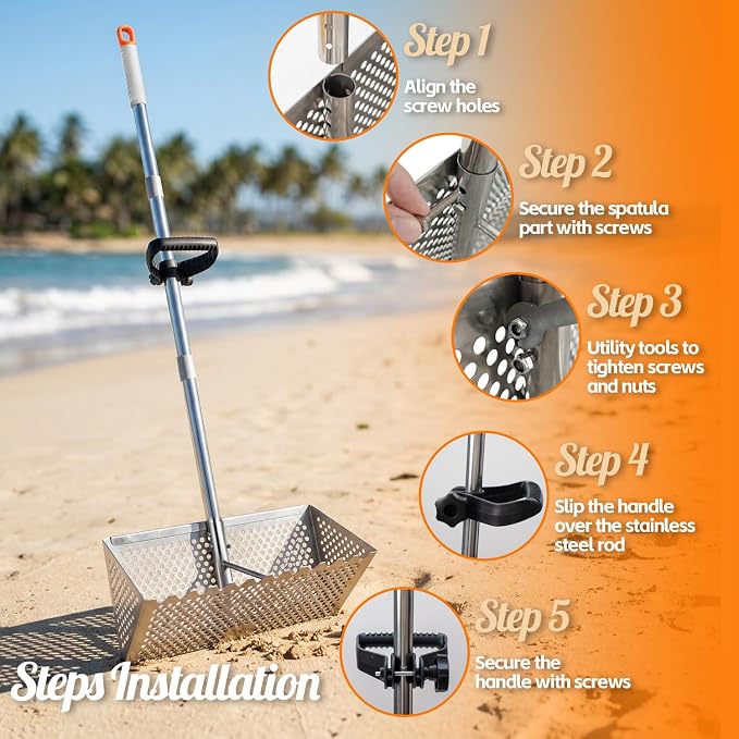 Sand Flea Rake with Beach Mesh Shovel, Detachable Long Handle Sand Sifter for Beach, The Shark Tooth Screen Comes with 16in Width Drain Screen with 52in Handle