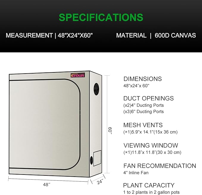 ATOUR LED Grow Light Specil Tent, High Reflective PE Film Grow Tent, 1680D High Strength Canvas Plant Tent with Observation Window & Floor Tray for Hydroponics Indoor Plant (48"x24"x60")
