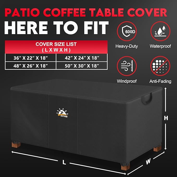 Zettum Outdoor Coffee Table Cover – Coffee Table Cover Rectangle Waterproof & Heavy Duty, Patio Table Covers for Side Tables, 600D Covers Provide All-Weather Protection - 48 x 26 x 18 Inch