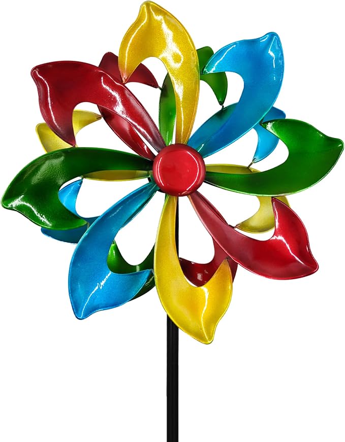 Rainbow Wind Spinner for Outdoor, 13" D Colorful Kinetic Garden Spinner with Smooth Silent Motion, Adjustable Height & Stable Ground Stake for Yard Patio Flower Bed Decor