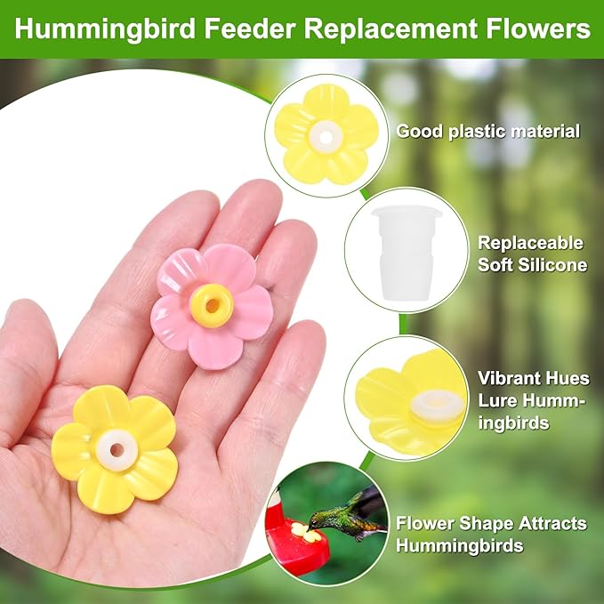 M METERXITY 32-Pack Hummingbird Feeder Replacement Flowers, Plastic Pet Hummingbird Feeding Parts Feeding Ports for Outdoor Hanging Feeders, Bees Guards [Yellow, Pink]
