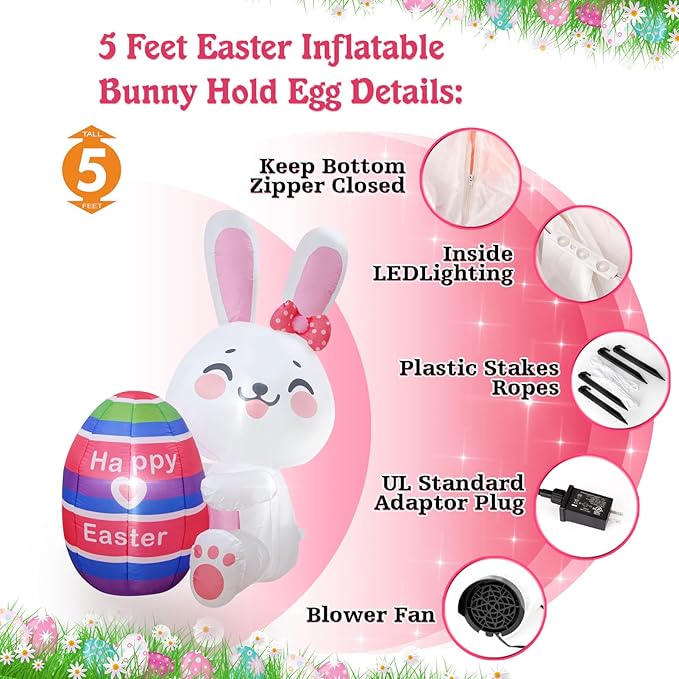 Easter Inflatables White Bunny Rabbit Hold Colorful Egg Lighted Easter Blow Up Decoration Yard Garden Lawn Outdoor Decoration Front Door Holiday Decor