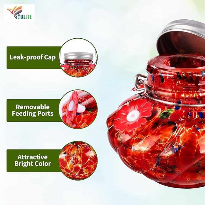 BOLITE Hummingbird Feeders for Outdoors, Hand Blown Top Fill Hummingbird Feeder, Glass Mason Jar with 4 Flower Feed Ports, Easy to Clean, Leak Proof, Bee Proof, Ant Moat, Red, Gift for Bird Lovers