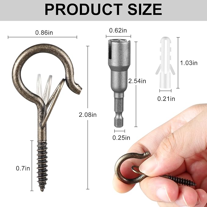 FSAH 50 Pack Screw-in Hooks for Outdoor String Lights, Q Hanger Hooks for Outside, Swivel Hanging Basket Patio Hook with Safe Buckle, Plant Eye Hook for Wall Ceiling with 1 Wing Nut Driver, Copper
