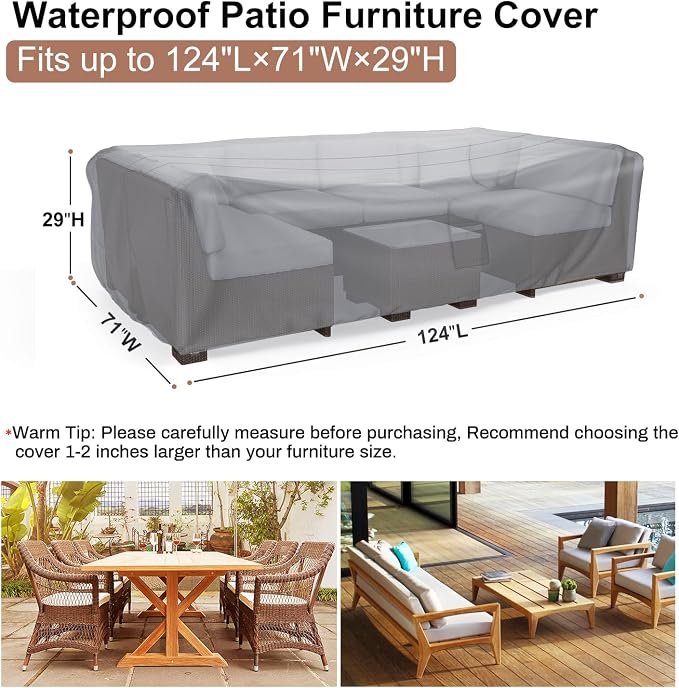 Mrrihand Heavy Duty Patio Furniture Covers, Outdoor Furniture Covers Waterproof Sectional Sofa Set , Patio Table and Chair Set Cover 124"L×71"W×29"H,Grey