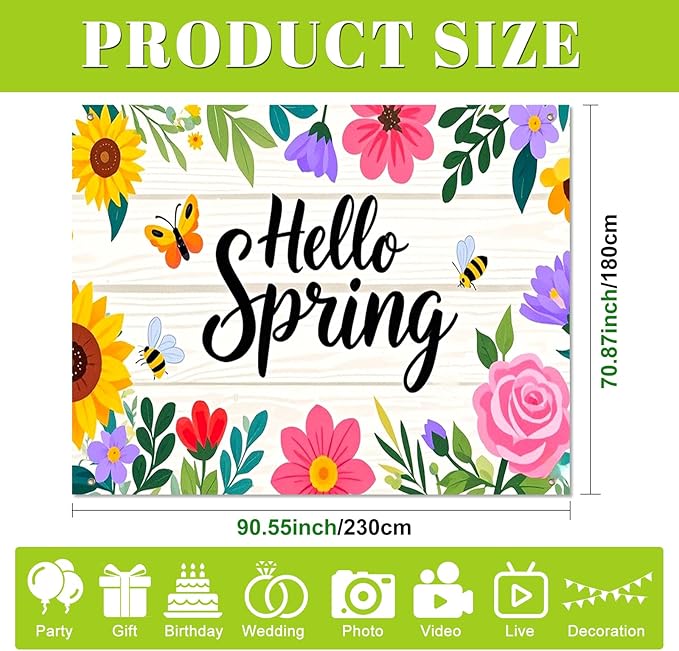BlissYard Hello Spring Backdrop Decoration Floral Garden Banner 8x6ft Spring Photo Backdrop Flower Background for Spring Party Easter Celebration Photo Booth Kids Event Wall Display
