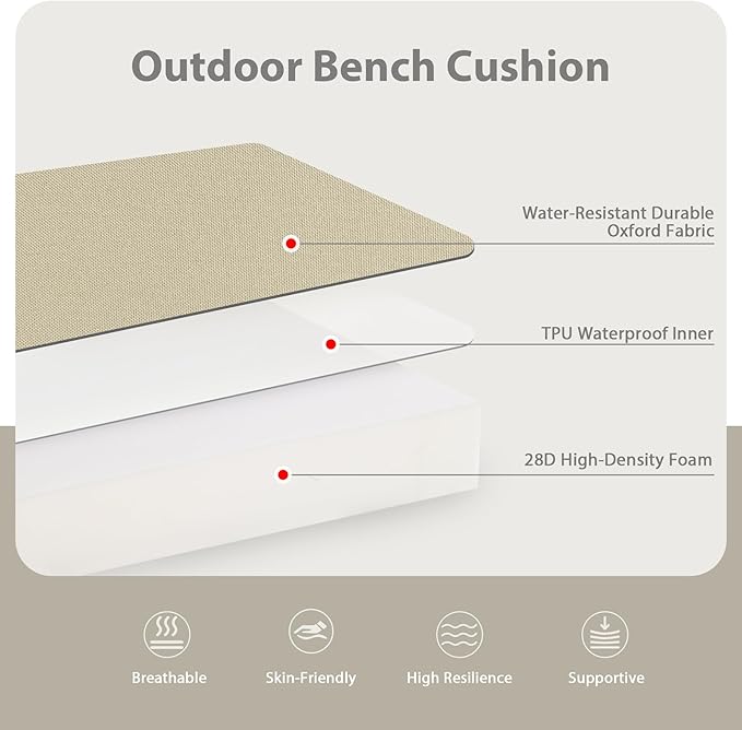 Favoyard Outdoor Bench Cushion 59 x 18 Inch Waterproof Patio Furniture Cushions 3-Year Color Fastness Garden Sofa Settee Couch Swing Pads with Handle and Attach Ties, Beige