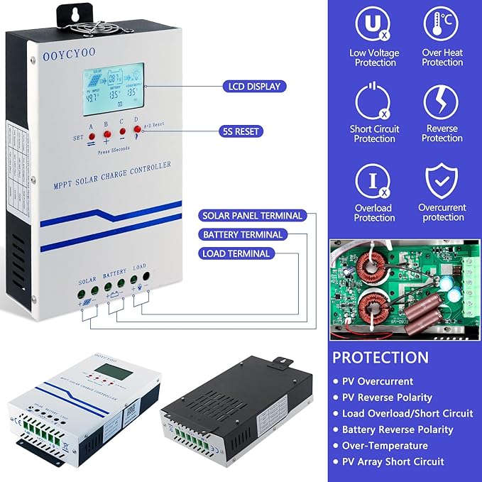 MPPT Solar Charge Controller 60 amp, 12V 24V 36V 48V Auto 60A Solar Panel Charge Regulator, Max 160V Input with LCD Display for Lead-Acid Sealed Gel AGM Flooded Lithium Battery…