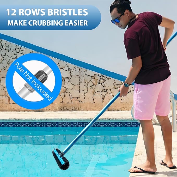 20" Wide Pool Brush Head, Heavy Duty Pool Cleaning Brush with 12-Rows Soft Bristles, Inground/Above Ground Pool Brushes with Curved Ends, Safe for Vinyl Liner