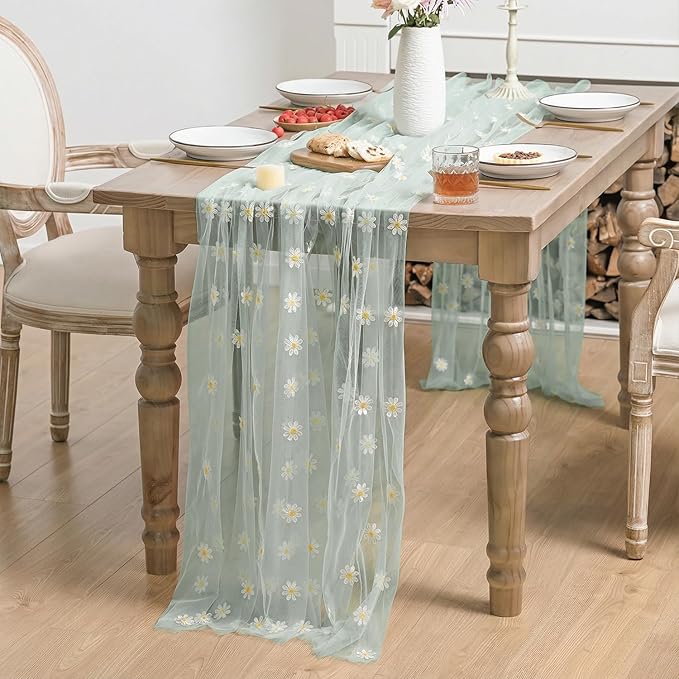 Horaldaily Green Embroidery Daisy Spring Summer Gauze Tablecloth 60×84 Inch Rectangular, Seasonal Tulle Table Cover, Garden Party Decorations for Wedding, Party, Holiday Dining