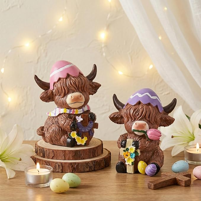 Simgoing 2 Pack Easter Highland Cow Figurines, He is Risen Figurines Highland Cow Decor Spring Home Table Decorations with Egg and Cross Calf Lovers Easter Gifts for Holiday Centerpieces Ornament