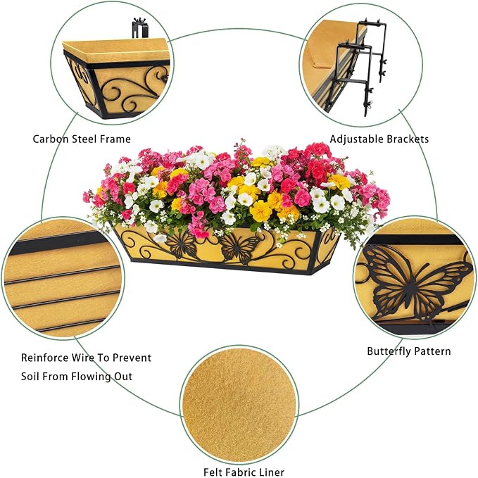 4 Pack 24 Inch Railing Planter Boxes Window Box Planters with Liner | Adjustable Bracket, Heavy Duty Hanging Basket, Metal Butterfly Decor, Retain Moisture Fabric Liner, Matte Classic Black
