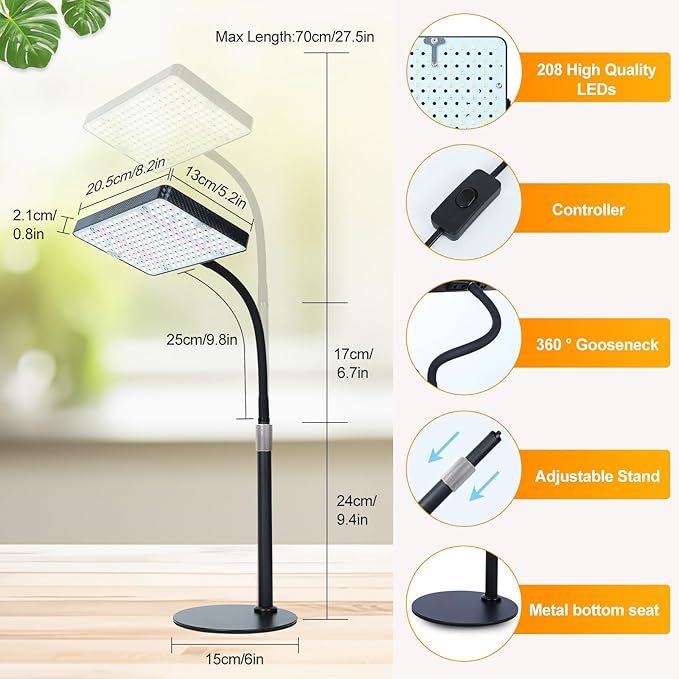 FECiDA Desk Grow Lights for Indoor Plants, Bonsai, Seed Starting, Table Top Grow Light UV-IR Full Spectrum, 25 Watt Power Draw, Bright Enough LED Growing Lamp, 16"-24" Height Adjustable