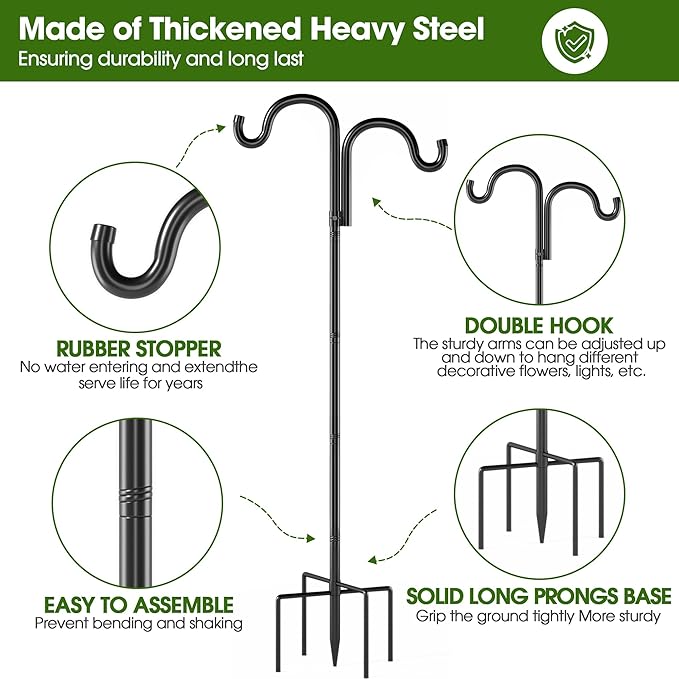 Double Shepherds Hooks for Outdoor, 76" Heavy Duty Bird Feeder Pole with 5 Prong Base, Adjustable Shepherds Hook for Bird feeders Outside, Garden, Weddings, Hanging Plants, 1 Pack, Black
