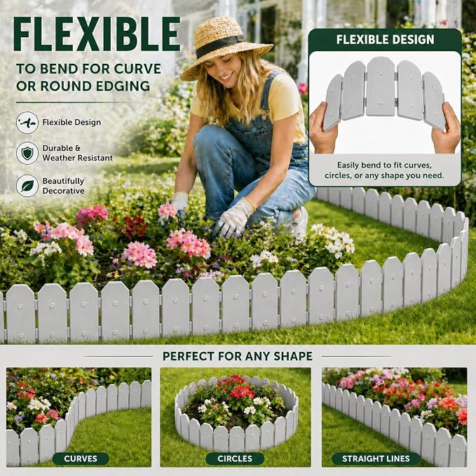 Evelyne Garden Border Edging: Wooden Grain Fence Dog Ear Design - Landscaping Fence Liner Lawn Edge Barrier - Decorative Lawn Landscape Panels Elements -Landscaping Edging (Gray, 20ft.)