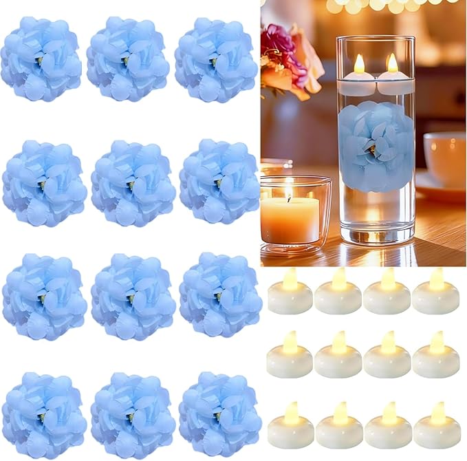 24 Pack Flameless Floating Candles and Floating Flower Led Battery Operated Waterproof Tea Lights for Cylinder Vases Centerpieces at Wedding, Party, Pool Decor Blue