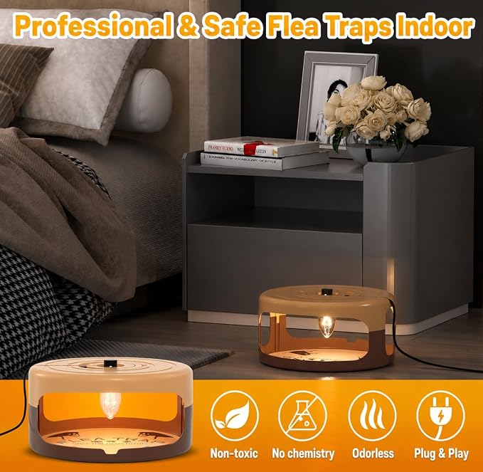 2 Pack Flea Traps for Inside Your Home with Auto Cycle Mode 40-Min Work & 5-Min Rest Mode, Refillable Indoor Flea Trap with 8 Sticky Pads, Indoor Flea Trap for Fleas, Moths & Gnats