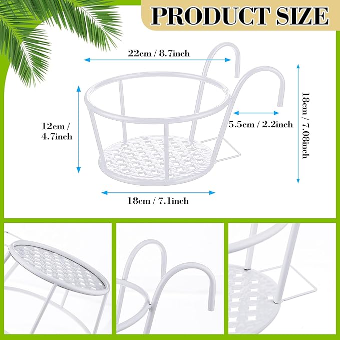 Dandat 6 Pcs 8.7'' Iron Metal Railing Flower Pot Hanging Planter Baskets Stair Railing Plant Holder for Patio Balcony Outdoor Plants(White)