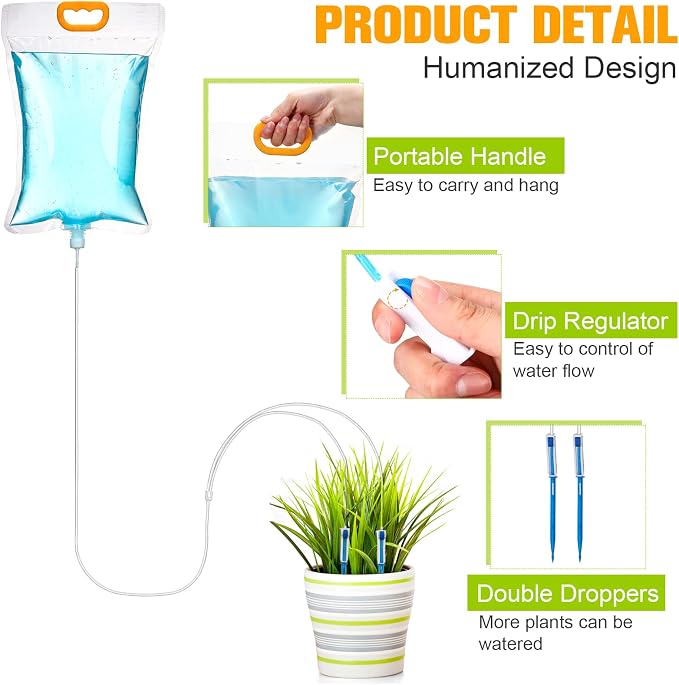 Honeydak 3.5 L Plant Iv Water Bag Automatic Switch Plant Watering System Hanging Self Watering Spikes Drip Bag Kits Home Irrigation Sprinkler Device for Indoor Outdoor Garden Potted(14 Pieces)