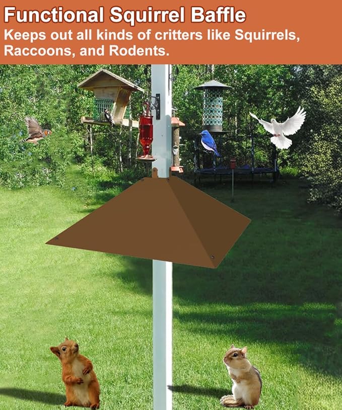 Metal Squirrel Baffle for 4x4 Post, Outside Wooden Pole Mount Squirrel Guards for Bird Feeders, 17 Inch Squirrels Deterrents Stopper to Deter Racoons, Brown, 1pcs, (Patented No.: D1069260)