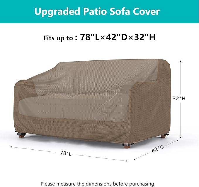 Patio Sofa Cover Waterproof - Heavy Duty 3-Seater Outdoor Couch Cover, Patio Furniture Covers with Air Vent and Handles, 78"L ×42" D×32" H, Brown