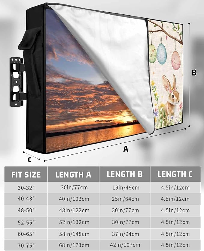 Easter Outdoor TV Cover for Outside Flat Screen,Farm Rabbit Egg 600D Thick Waterproof Weatherproof Outdoor TV Screen Protector with Zipper for 60 to 65 Inch Flat Screens Spring Flower Tree on Linen