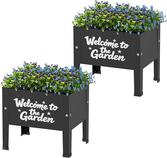 aboxoo 2 Packs 14 Inch Spray-Painted Style Small Planter Raised Garden Bed with Legs,Outdoor Metal Planter Box for Patio,Elevated Garden Bed for Vegetables Flower Herb(Black)