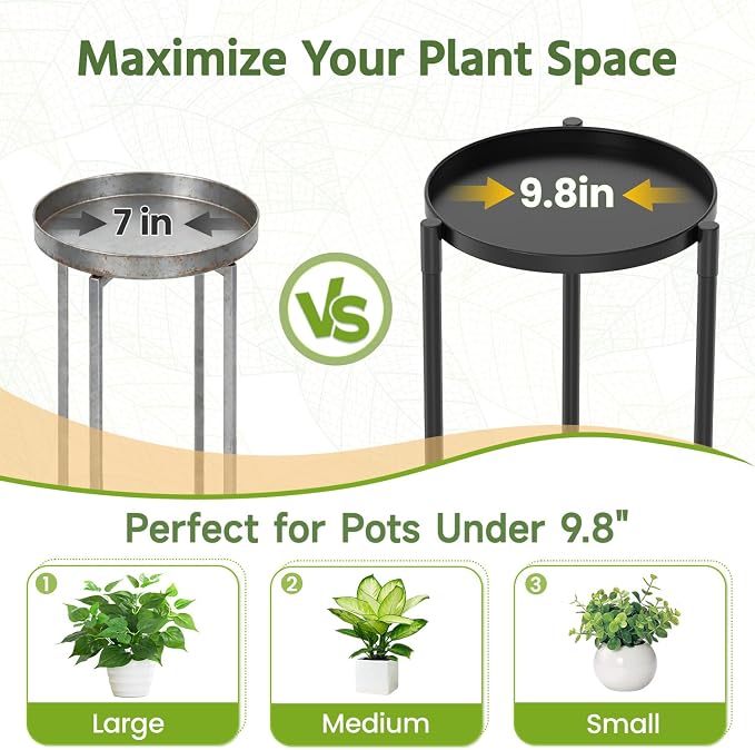 LASZOLA 2 Tier Plant Stand Indoor with Large Metal Tray, Corner Round Flower Holder Rack Tall Outdoor, Morden Planter Display Shelf for Patio Porch Garden Office Living Room, Black