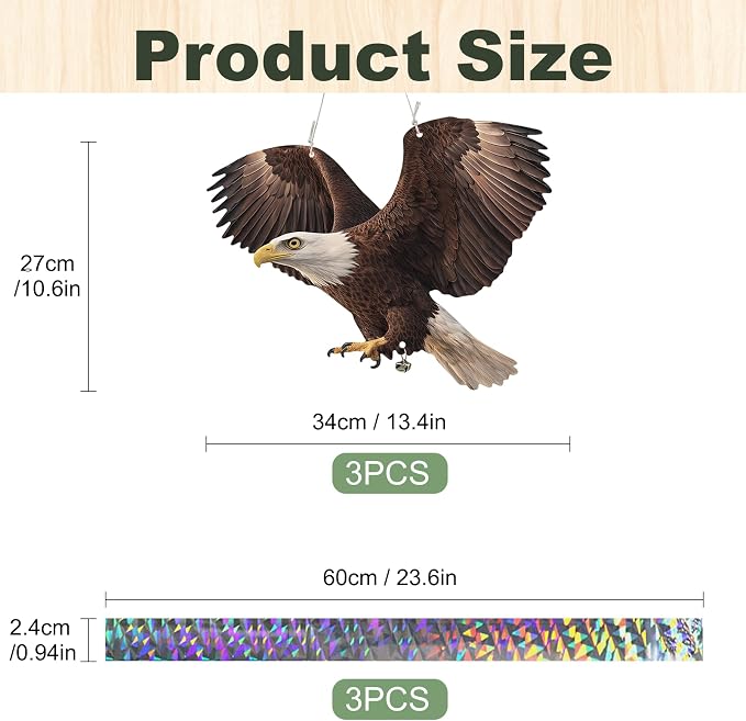 3 Pack Fake Eagle to Scare Animals Away, Hanging Flat Plastic Fake Eagle with Reflective Tape for Keep Pigeon Woodpecker Away for Outdoor Contryard Garden Balcony Window Patio Backyard