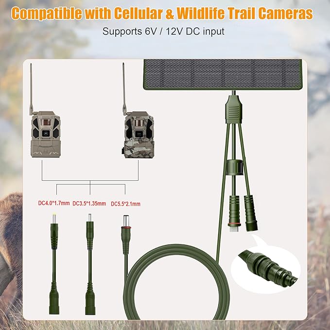 Zivif Solar Panel Charger for Trail & Hunting Cameras, 10W 3.7V 10400mAh Built-in Battery, 6V/12V Adjustable Output, Universal Adapter Cables (DC5521, DC4.0x1.7mm, DC3.5x1.35mm, Type-C)