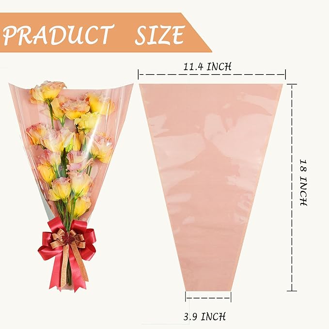 50 Pack flower bouquet wrapping paper-9.8in x 18in x 3.9in, flower bags for bouquets, bouquet bags Kraft floral wrapping paper, Flower Sleeves Wrapping Bags Perfect for Birthday, Wedding(Pink)