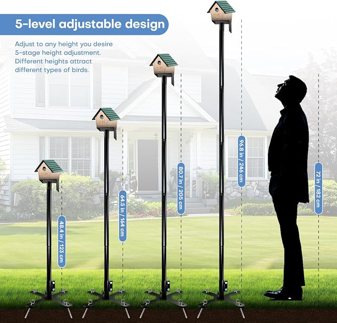 92 Inch Squirrel Proof Bird Feeder Pole with X shape Base Plate, Heavy Duty 1 Inch Dia Bird House Pole, Adjustable Multi-Hook Bird Feeding Station with Squirrel Baffle, Water Bowl & Mesh Tray