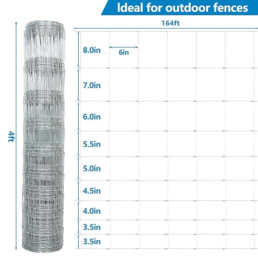 Farm Fence, 4ft X 164ft Wire Fence, Goat Cattle Deer Livestock Fence, Galvanized Woven Hog Wire Fencing,Fencing for Yard and Animals Protection
