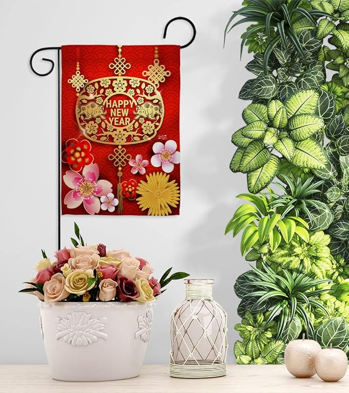 Chinese Ox Year Garden Flag Winter Lunar New Good Luck Prosperous Seasonal Arrival Blessing House Decoration Banner Small Yard Gift Double-Sided, 13"x 18.5", Thick Fabric