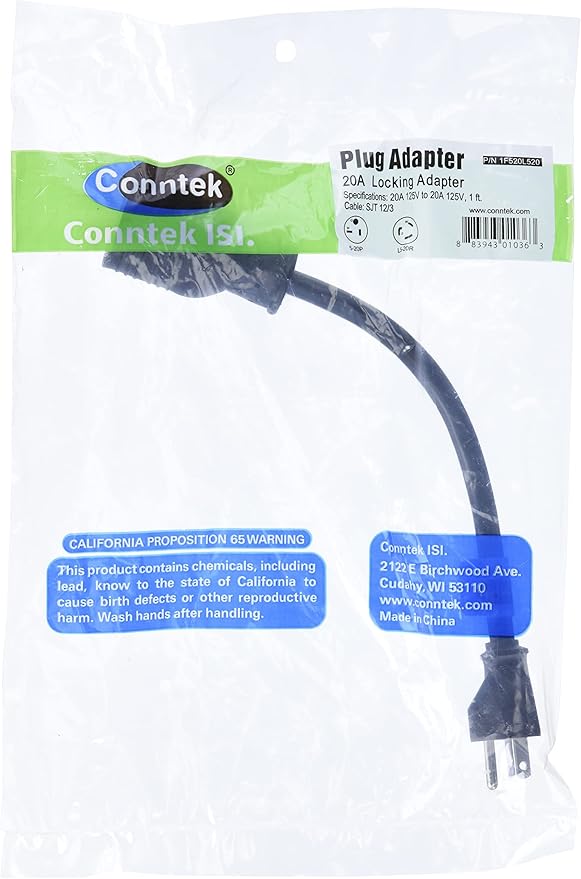Conntek 1F520L520 1-Feet NEMA 5-20P 20-Amp 125-volt Plug to 20Amp 125V L5-20R Locking Female Connector
